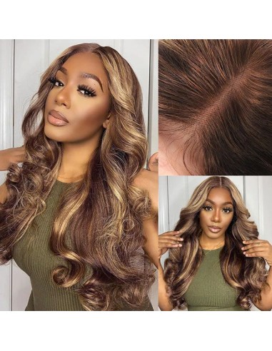 Body Wave Chatain Blonde Body Wig zonder lijm met vooraf gekoppelde kant: elegantie en eenvoud pas cher